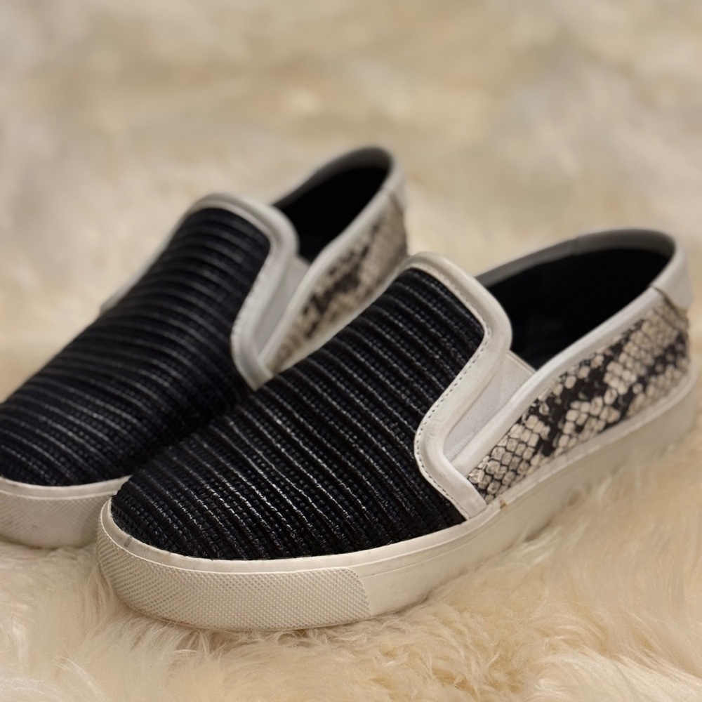 Vince Black and White Snakeskin Print Slip-On Sneakers